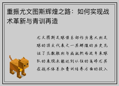 重振尤文图斯辉煌之路：如何实现战术革新与青训再造