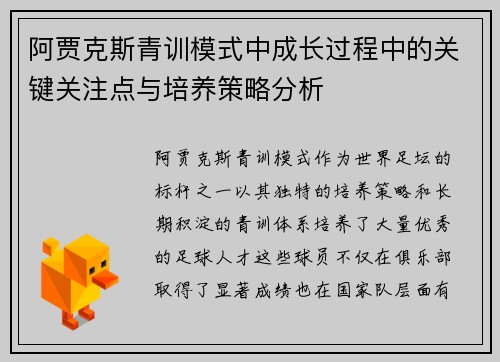 阿贾克斯青训模式中成长过程中的关键关注点与培养策略分析