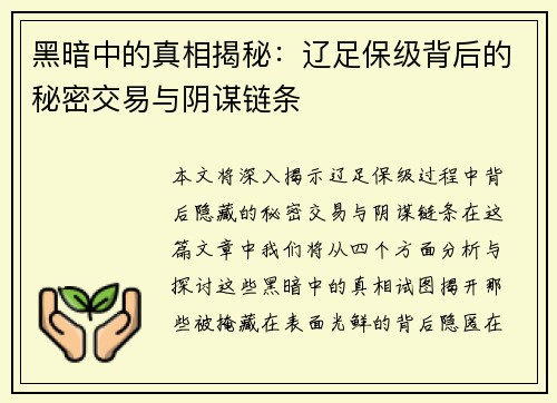 黑暗中的真相揭秘：辽足保级背后的秘密交易与阴谋链条